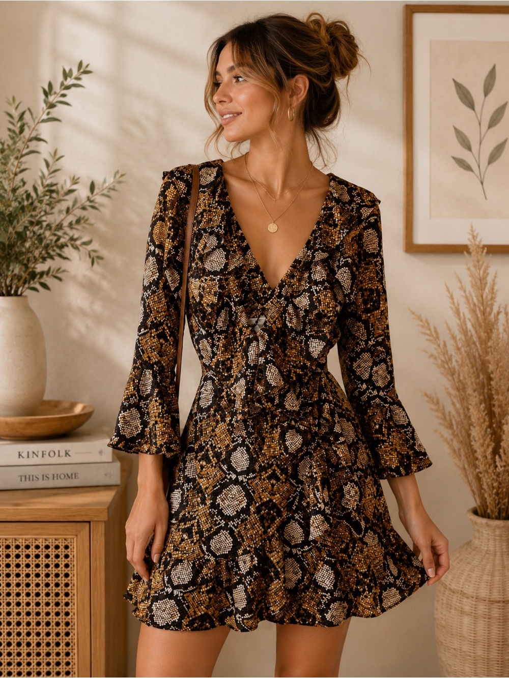 Boohoo Brown & Black Snakeskin Wrap Dress